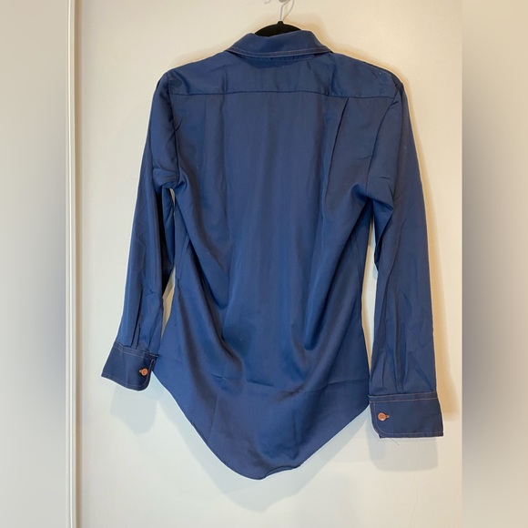 VTG 70s Navy Blue Blouse with Brown Stitching & Buttons - Picture 6 of 7